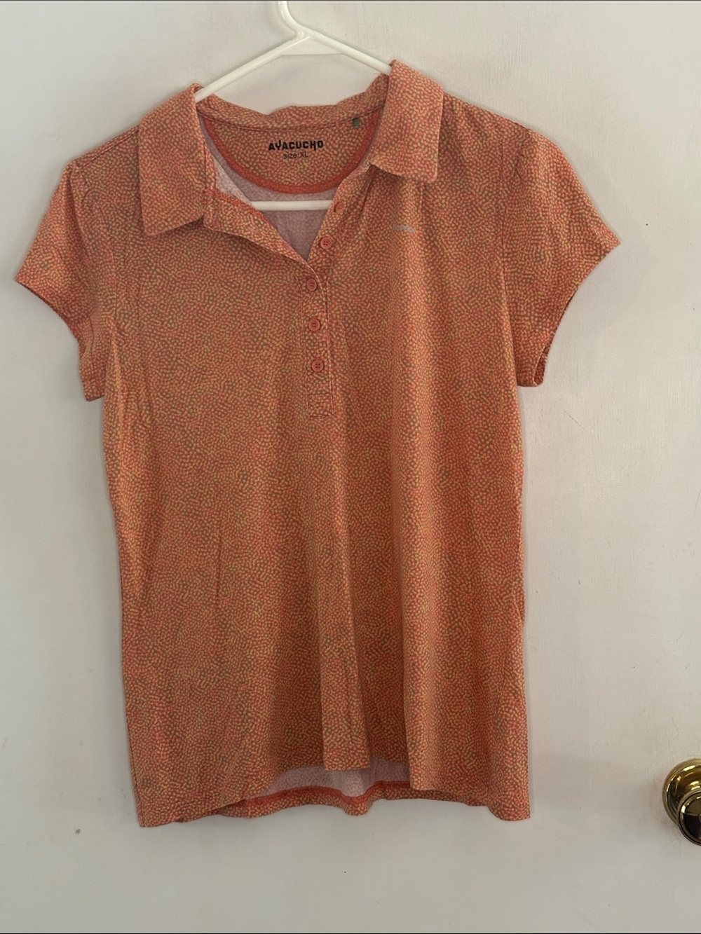 Ayacucho taupe orange yellow polka dot short sleeve polo shirt Size XL